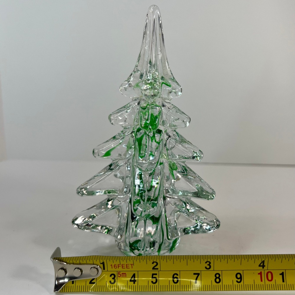 Art Glass Christmas Tree Figurine Clear with Green Swirl 5.25 Inch Holiday Decor - Picture 3 of 9